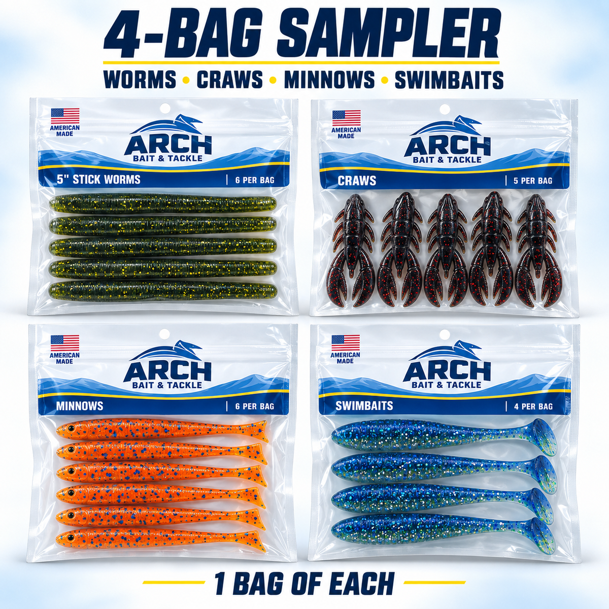 4 Bag Sampler (1 of Each: Worms, Craws, Swimbaits, Minnows)